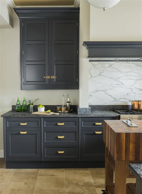 Dark Grey Kitchen Cabinetry Satin Brass Hardware Marble Backsplash