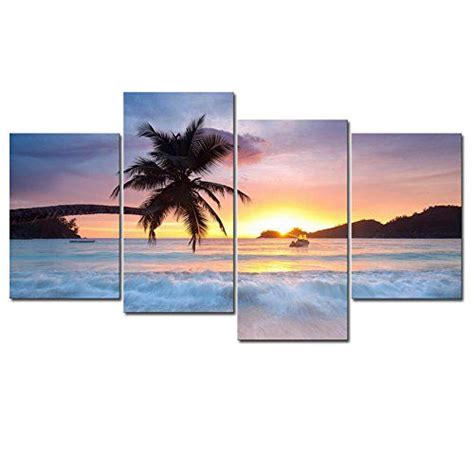 Pyradecor Sunrise Beach Theme Large 4 Piece Seascape Giclee Canvas
