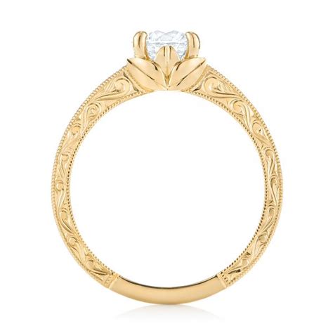 18k yellow gold vintage style engraved diamond & sapphire engagement ring. 18k Yellow Gold Custom Hand Engraved Tri Leaf Solitaire ...