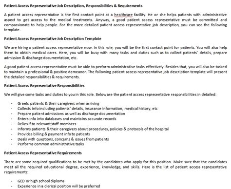 Processing patient payments and refunds. Patient Access Representative Job Description ...