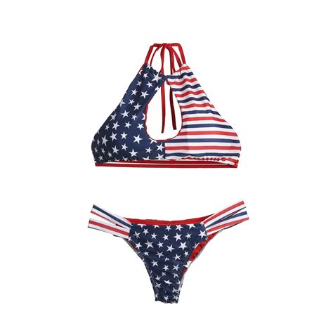 Women Bikini Set Stars Print Swimwear Push Up Padded American Flag Bra Swimsuit Female Beachwear
