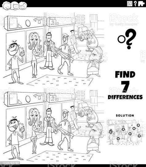 Differences Game With Cartoon People Color Book Page Stock Illustration Download Image Now