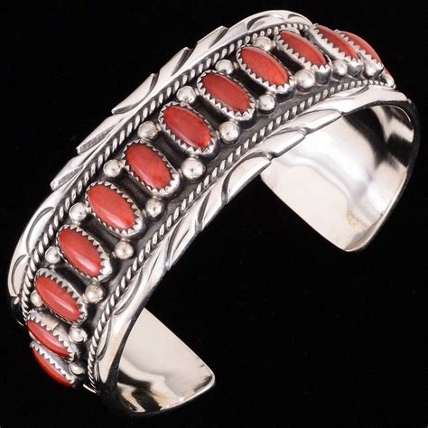 Native American Red Coral Silver Cuff Southwest Bracelet 1926