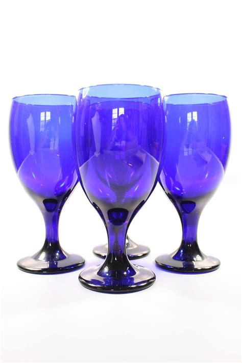 1970s Libbey Cobalt Wine Goblets 4 70s Vintage Blue Water Glasses