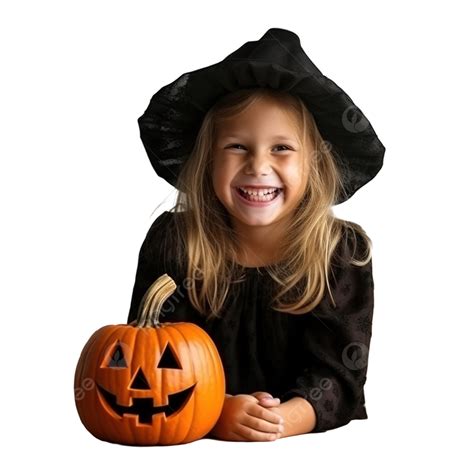 Cute Girl In Costume Of Witch With Pumpkin At Home Having Fun Celebrating Halloween Costume