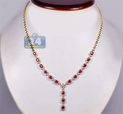 #polyvore #women's fashion #jewelry #necklaces #18k gold necklace #black onyx necklace #white gold pearl necklace #beaded necklaces #grey pearl necklace. Womens Ruby Diamond Y Shape Drop Necklace 18K Yellow Gold 18"