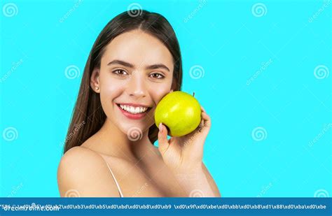 Woman With Perfect Smile Holding Apple Blue Background Woman Eat