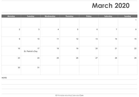 March 2020 Calendar Printable With Holidays