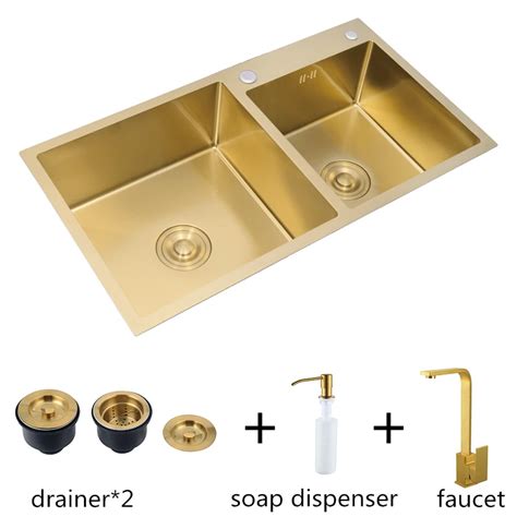 Brushed Gold Kitchen Sink Double Bowl With Faucet Stainless Steel Sink