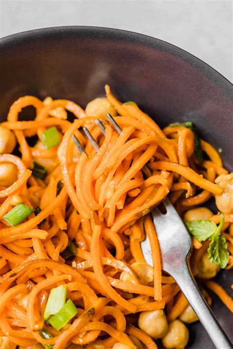 Add sweet potato noodles and stir fry gently for about 2 minutes, until cooked through but still crisp. Sweet Potato Noodles with Peanut Sauce - The Toasted Pine Nut
