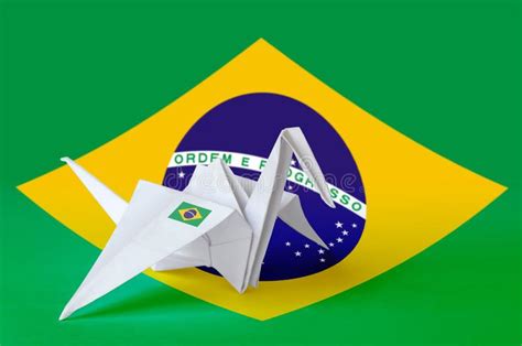 Brazil Flag Depicted On Paper Origami Crane Wing Handmade Arts Concept