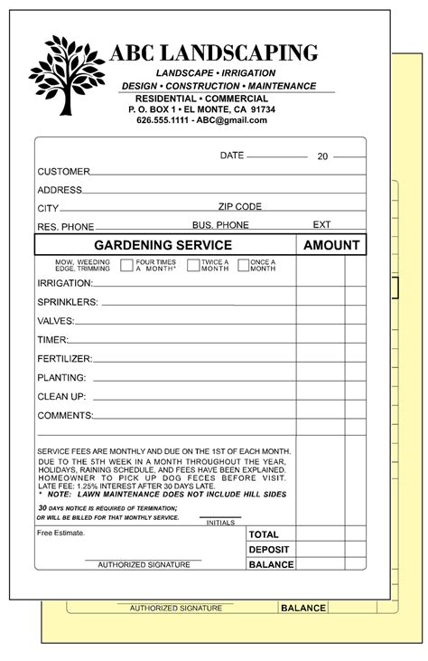 Landscaping Gardening Invoices Receipts 2 Part Ncr Custom Printed W