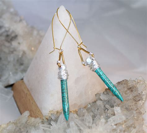 Turquoise Magnesite Stone Spike Sword Earrings Silver Wire Etsy