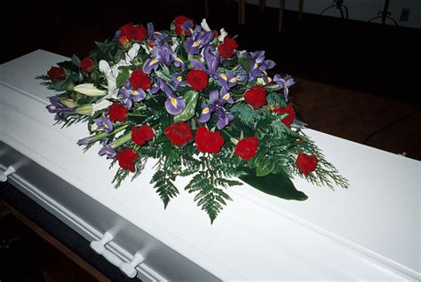 This casket spray with its array of white carnations, larkspur, asters and stock adds a pure and loving gesture to the service. Beautiful casket spray with Blue Iris, Red roses, White ...