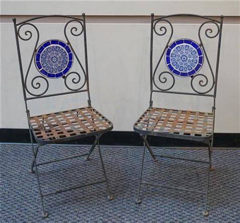 Sold Price Pair Black Painted Wrought Iron Tile Back Folding Chairs