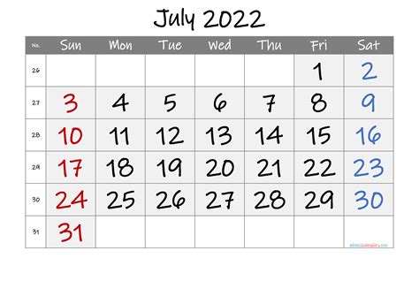 July 22 Calendar Printable