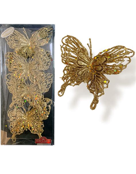 Gold Glitter Butterfly Clip On Ornaments 4pc Box Set Digs N Ts