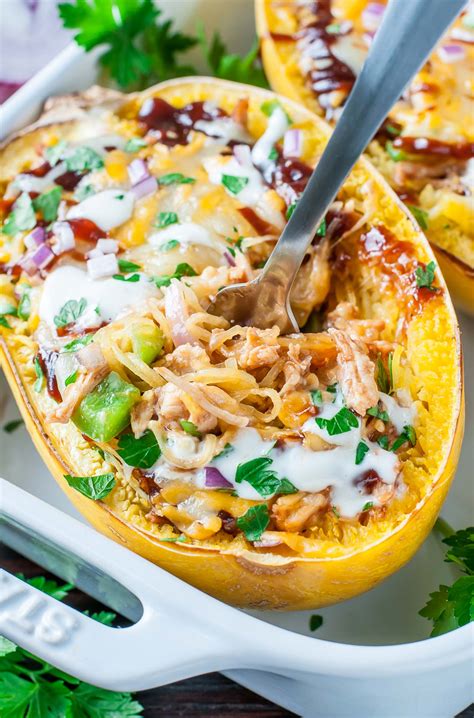 Easy baked spaghetti squash recipe with butter cooked chicken, parmesan, and fresh lemon. BBQ Chicken Spaghetti Squash - Peas And Crayons