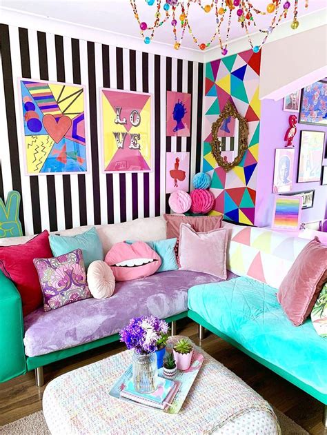 Crazy And Colourful Living Room Decor With Monochrome Stripy Wallpaper