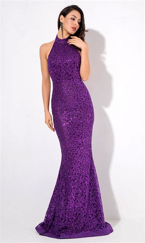 Plum Passion Purple Glitter Sleeveless Mock Neck Backless Halter Mermaid Maxi Dress Deb