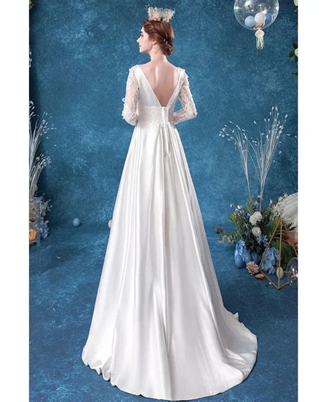 Romantic Vneck Satin Winter Wedding Dress With Lace Long Sleeves