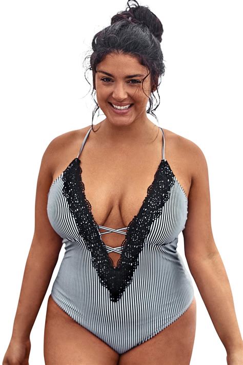 Cupshe Womens Plus Size One Piece Swimsuit Stripy Lace V Neck Bikini Beachwear Central