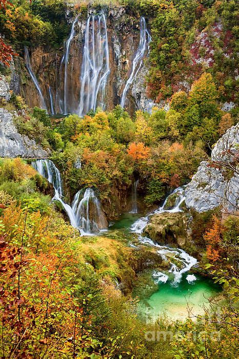 Waterfalls In A Beautiful Picturesque Autumn Scenery Of The Plitvice