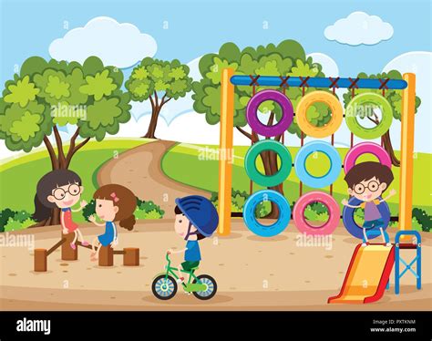 Four Children Playing In Playground Illustration Stock Vector Image