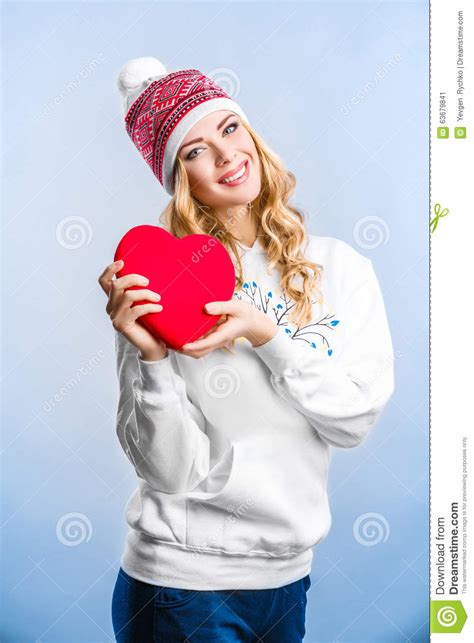 Blonde Woman Holding A Red Heart Valentines Day Stock Image Image Of