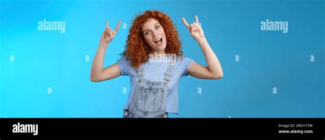 Daring Cool Stylish Awesome Redhead Cheerful Curly Haired Girl Tilt Head Show Tongue Joyfully