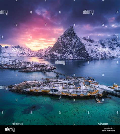 Aerial View Of Hamnoy At Dramatic Sunset In Winter In Lofoten Islands