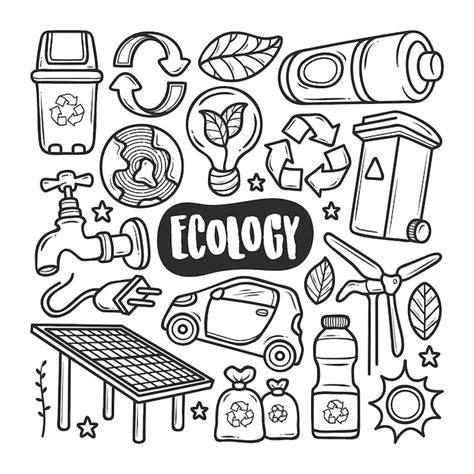 Iconos De Ecología Dibujado A Mano Doodle Para Colorear Vector Premium