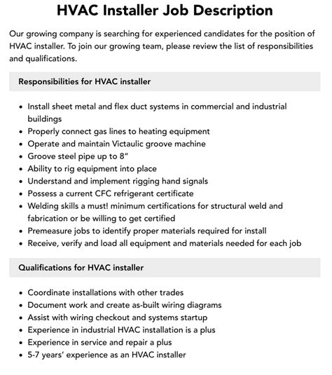 Hvac Installer Job Description Velvet Jobs
