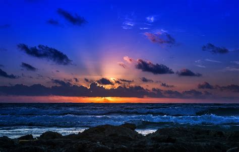 Wallpaper Sea Wave The Sky Clouds Sunset Rocks Shore Horizon