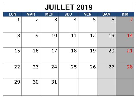 Juillet Calendrier Mensuel 2019 Calendar Printables Printable 2020