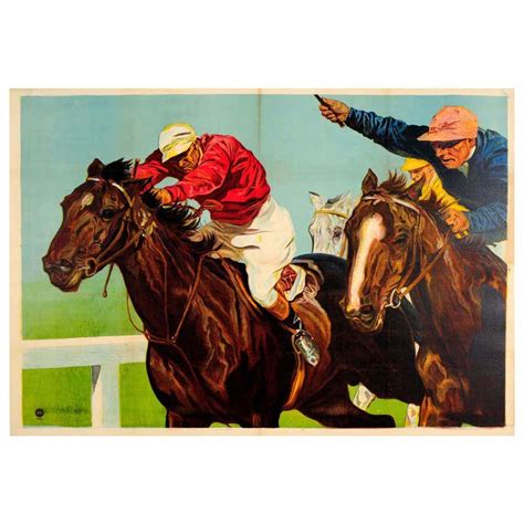 Original Vintage Horse Racing Sport Poster Ft Painting Of Jockeys In
