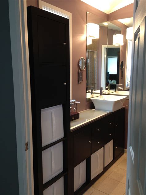 Ikea offered bathroom furniture ranging from wash basins, cabinets, tower racks, bath mat and other bathroom accessories etc. Tight bathroom vanity. Ikea EXPEDIT shelves- 8 shelf turned on side, 4 shelf standing up ...