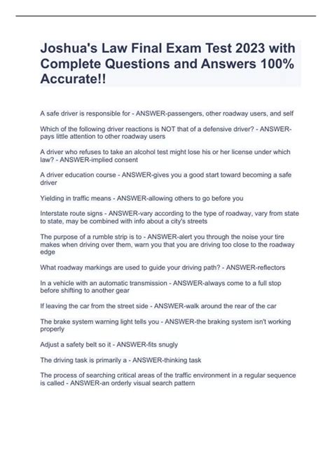 Joshua's Law Final Exam Test 2023 with Complete Questions and Answers