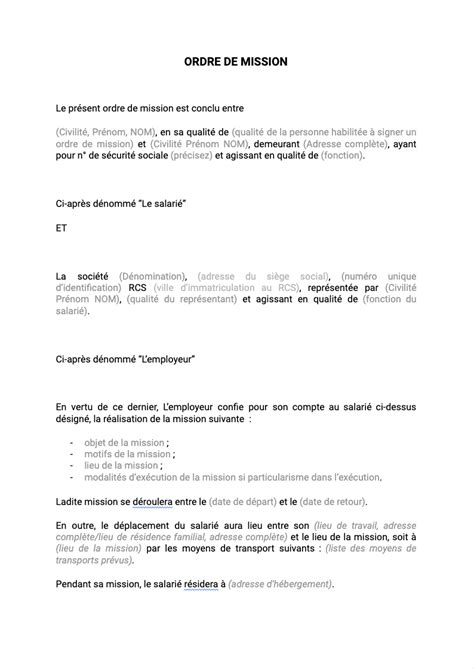 Modèle Ordre De Mission Document Et Modèle à Télécharger