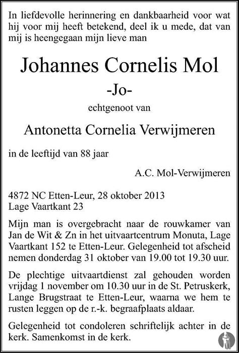 You can unsubscribe at any time by clicking on the. Johannes Cornelis (Jo) Mol 28-10-2013 overlijdensbericht ...