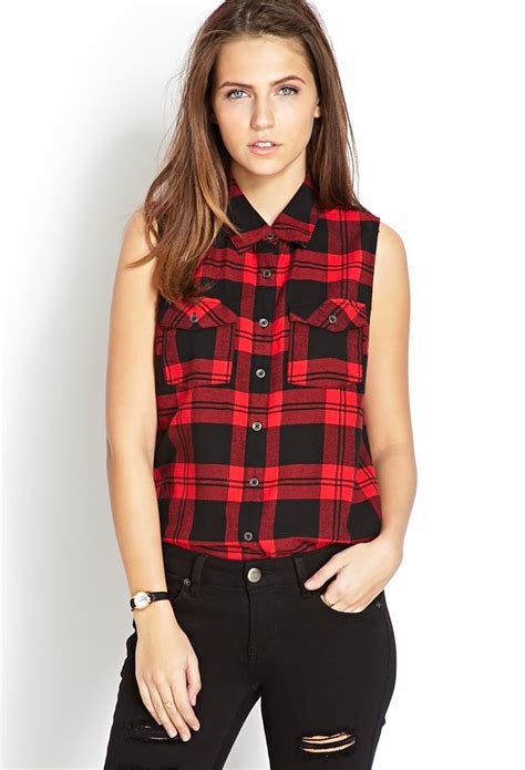 Lyst Forever 21 Sleeveless Plaid Shirt In Red