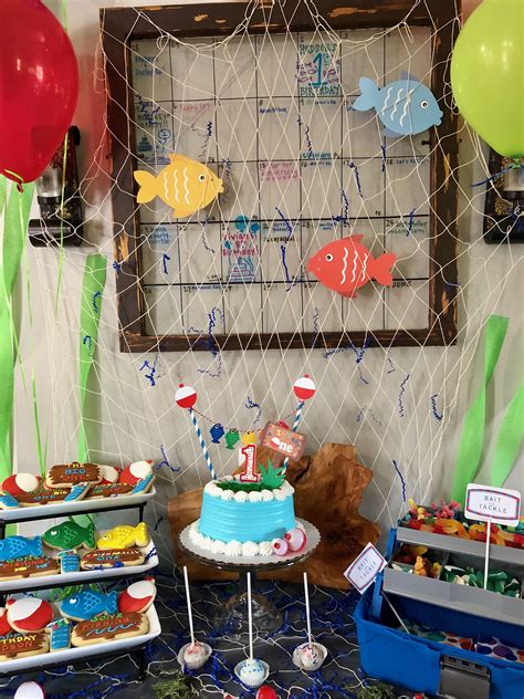 A Fish Themed Birthday Party With Balloons And Desserts