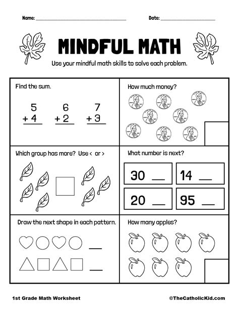 Mental Math Review 1st Grade Math Worksheet Catholic