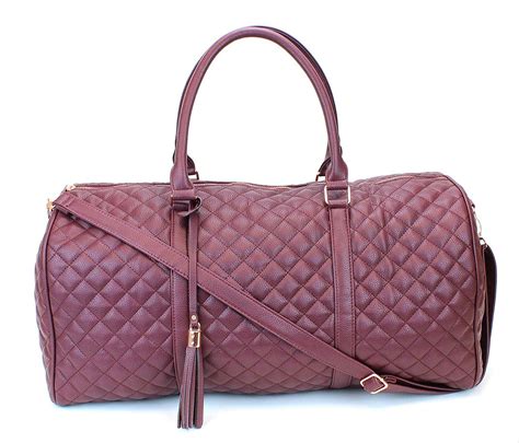 Womens Quilted Leather Weekender Travel Duffel Bag With Rose Gold