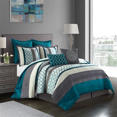 Empire 8 Piece Oversized Teal Blue And Black Comforter Set