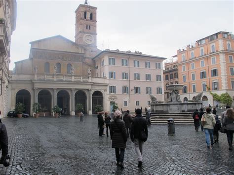 Piazza Santa Maria In Trastevere Rome With Fountain And Basilica