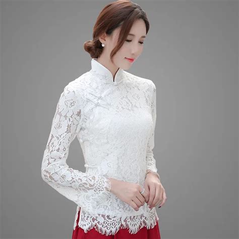 slim lace blouse women hollow out flare long sleeve shirt sexy chinese traditional style casual