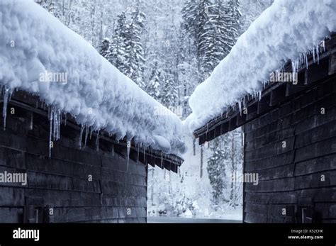 Snow And Icicles On The Roof Stock Photo Alamy