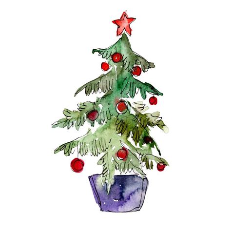 Christmas Trees Winter Holiday Symbol In A Watercolor Style Isolated