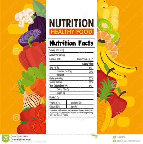Fruits And Vegetables Group With Nutrition Facts Stock Vector